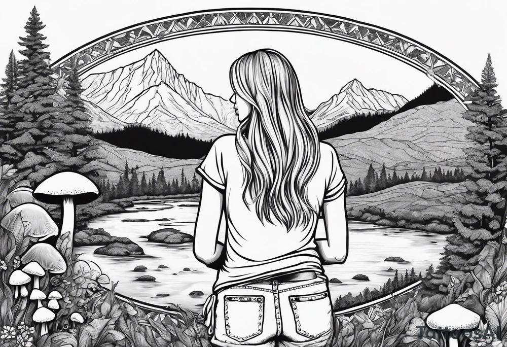 Whole picture encircled fully

Straight long blonde hair hippie girl in distance holding mushrooms in hand facing away toward mountains and creek surrounded by mushrooms tee shirt and hiking pants; whole rendering within a full circle, no cut off circle tattoo idea