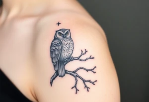 wise owl perched on ancient oak branch under starlit sky tattoo idea