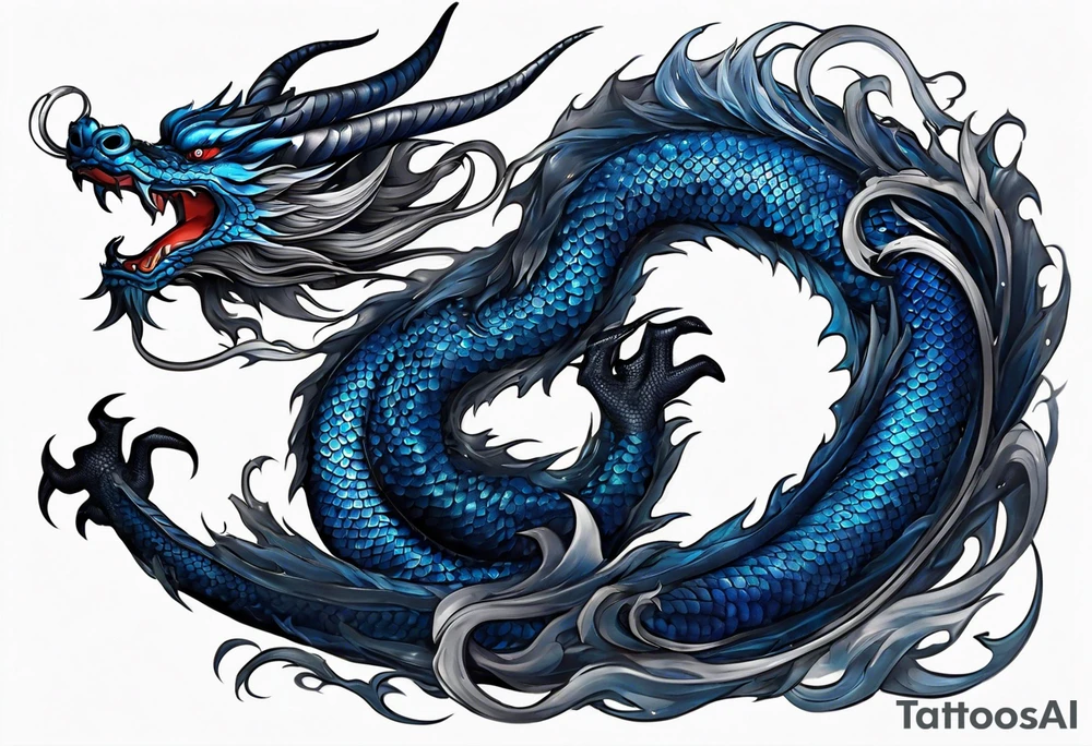 An epic floating asian dragon. Its long body coiling dynamically, with scales and horns detailed to create a sense of movement and strength. The dragon's main color is midnight blue, giving a vibrant depth and a mystical aura. This tattoo highlights the dragon’s fierce expression and sharp claws. tattoo idea