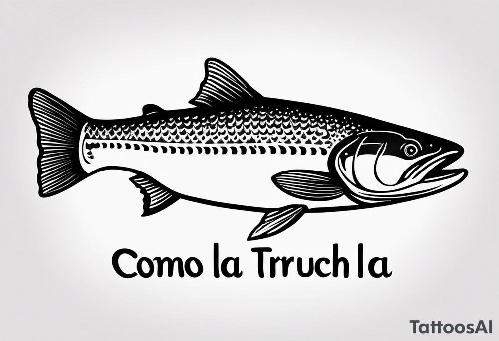 A small tattoo with a shaded trout and text that says, 'Como la trucha...' drawn with fine lines." tattoo idea