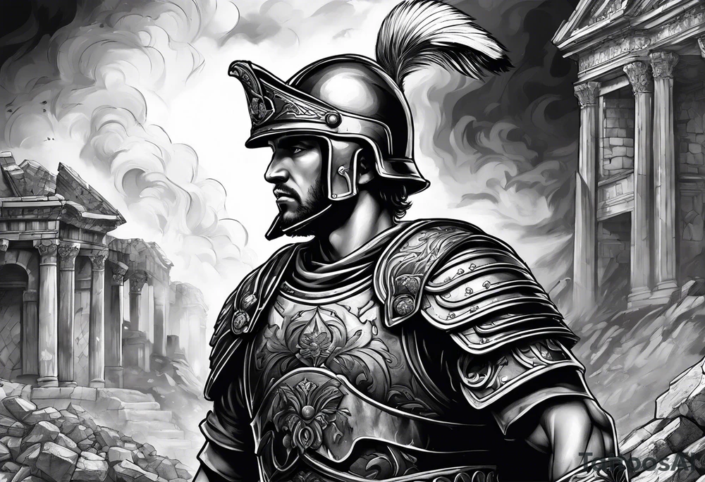 Roman soldier looking left at burning ruins tattoo idea