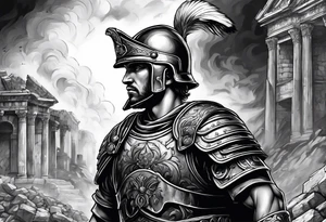 Roman soldier looking left at burning ruins tattoo idea