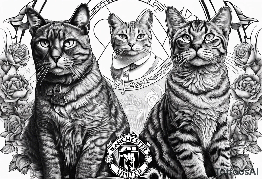 manchester united, two cats, god, EDM. all that combined into one art.it should be long, not wide tattoo idea