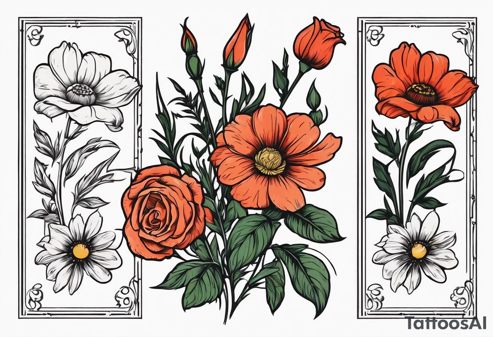 A vintage vertical design of a daisy and a rose with gladiolus flowers and poppies weaving through the daisy and rose tattoo idea