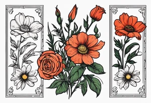 A vintage vertical design of a daisy and a rose with gladiolus flowers and poppies weaving through the daisy and rose tattoo idea