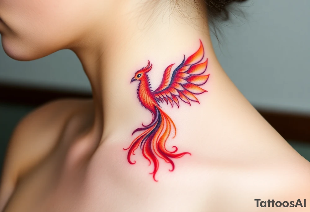 Square, phoenix rising from fire with both wings opened, colors red, pink, orange and purple. tattoo idea