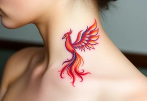 Square, phoenix rising from fire with both wings opened, colors red, pink, orange and purple. tattoo idea