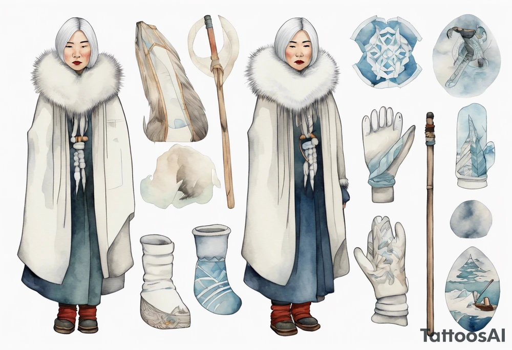 an Inuit woman with white hair, wearing mittens, wearing a white cloak, holding a white staff, wearing mukluks, standing on an iceberg tattoo idea