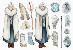 an Inuit woman with white hair, wearing mittens, wearing a white cloak, holding a white staff, wearing mukluks, standing on an iceberg tattoo idea