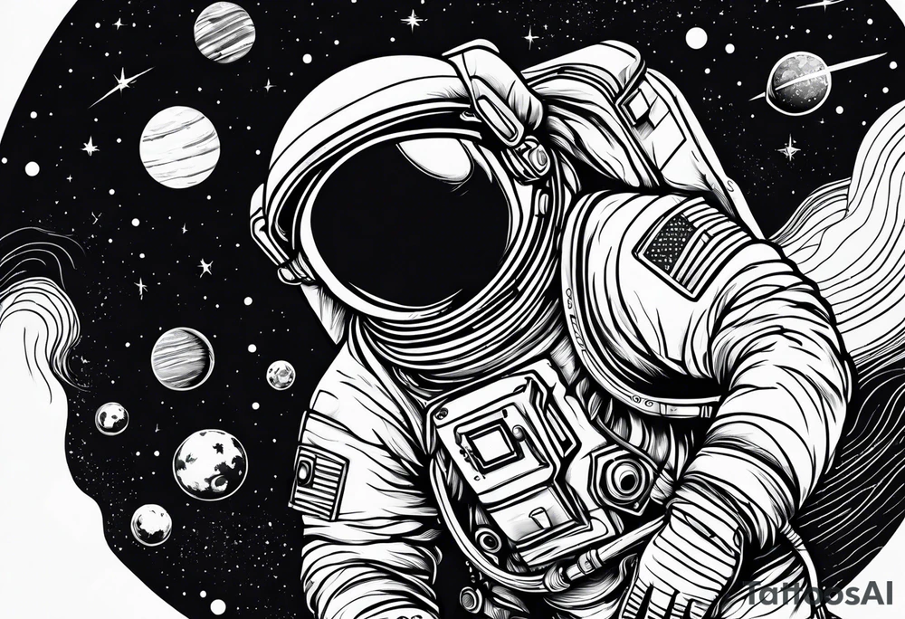 An astronaut floating in space with planets around him tattoo idea