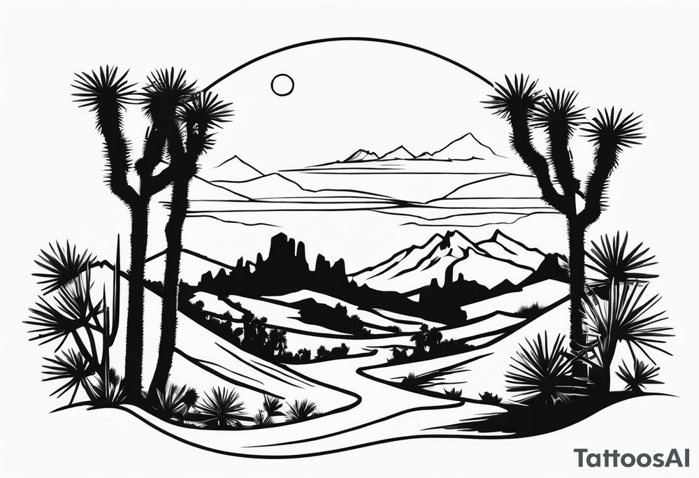 A dessert with joshua trees transitioning to pine trees and mountains tattoo idea