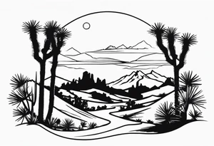 A dessert with joshua trees transitioning to pine trees and mountains tattoo idea