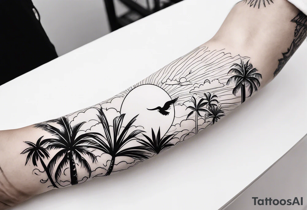 arm sleeve, clouds, dove, sun, flowers, palm trees, tattoo idea arm sleeve, clouds, dove, sun, flowers, palm trees, tattoo idea