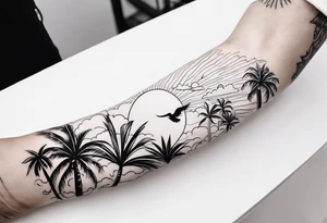 arm sleeve, clouds, dove, sun, flowers, palm trees, tattoo idea