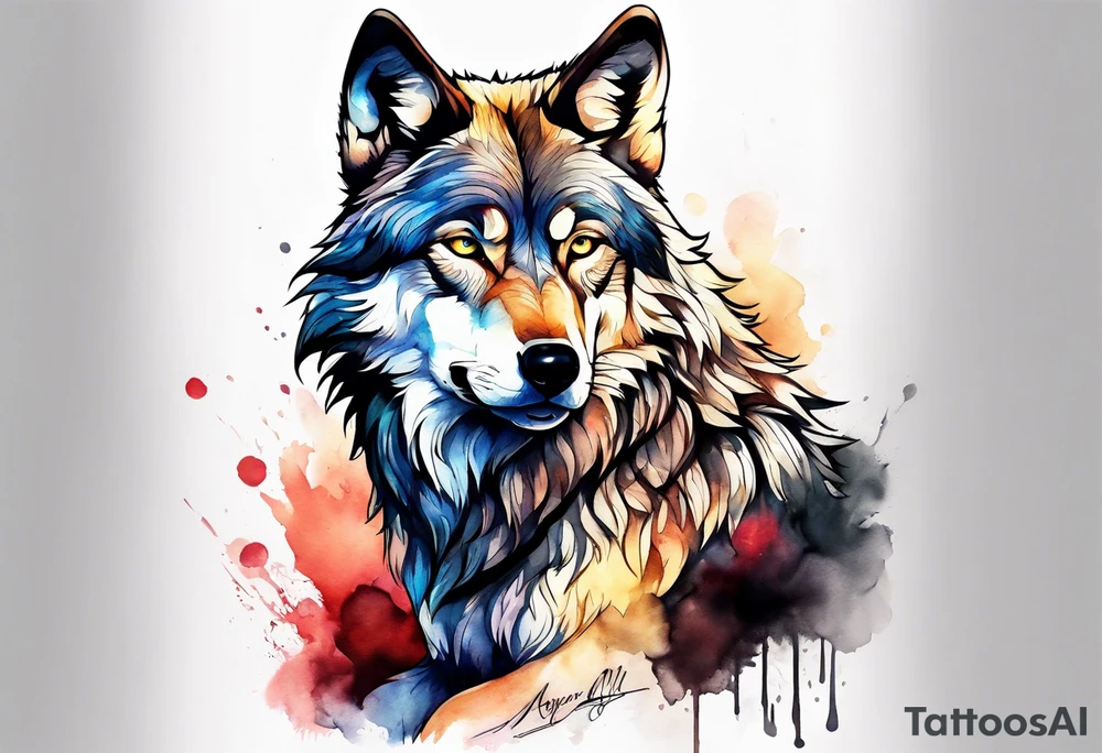 Full wolf sitting upright facing forwards tattoo idea