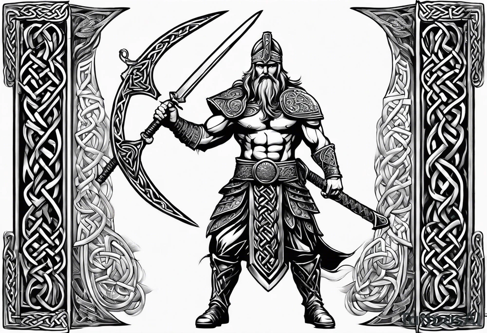 Side facing full body shot of Celtic warrior with weapon unsheathed. tattoo idea
