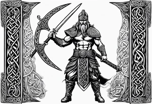 Side facing full body shot of Celtic warrior with weapon unsheathed. tattoo idea