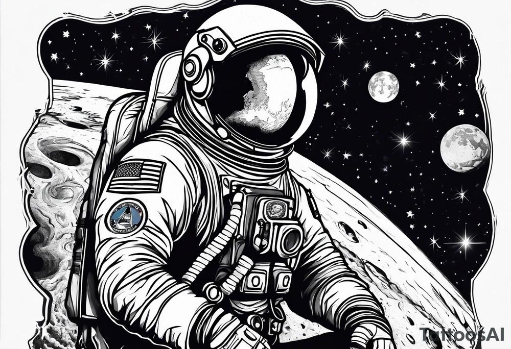 Astronaut with hippie patches tattoo idea