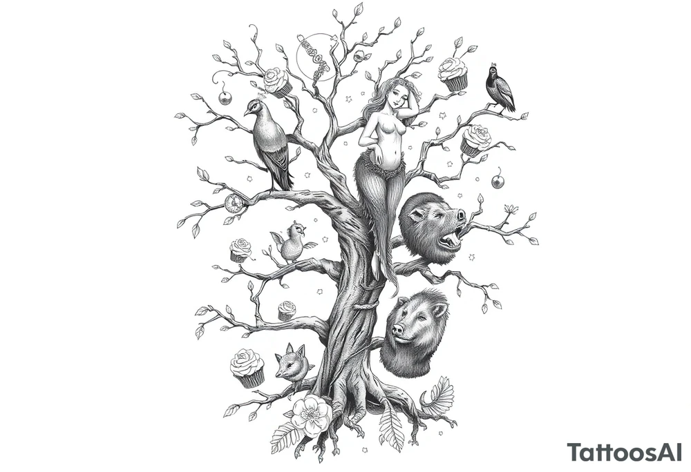 mystical tree with  and celestial branches fat naked sexy woman , peacock , pig , cupcakes, liquor, cigerette, Storm clouds, pig, peacock , fat sexy naked fat woman, cupcakes, noose , money, goat lion, couple having sex, cigerette storm lightening, killing, darkness death, violent majestic creatures tattoo idea
