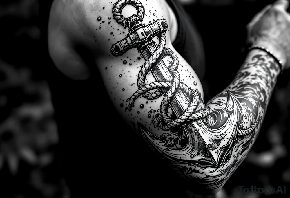 weathered anchor wrapped in nautical rope with sea waves tattoo idea