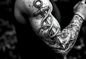 weathered anchor wrapped in nautical rope with sea waves tattoo idea