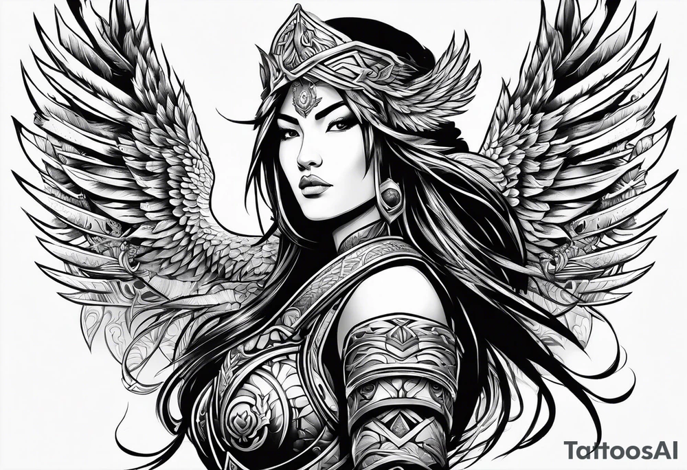 female warrior with phoenix and weapons tattoo idea