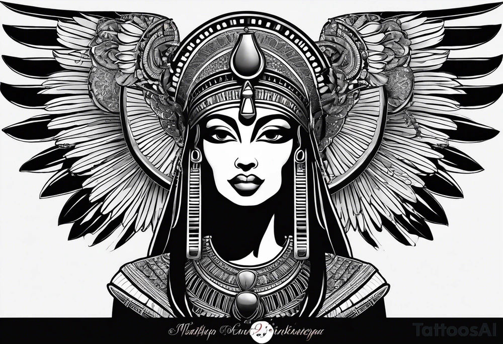 black and white Egyptian goddess Isis, who is often depicted as a woman with outstretched wings, holding an ankh (a symbol of life) in one hand and a lotus flower in the other. Her headdress often includes a throne or a solar disk. The tattoo design can vary in style and size, but it typically aims to capture the essence of this revered Egyptian deity, emphasizing her beauty, power, and maternal qualities. The choice of colors and additional elements can also be customized to create a unique and visually striking representation of the goddess Isis tattoo idea