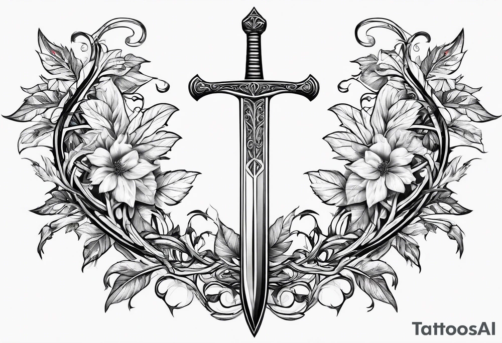 Leafy vines with sword tattoo idea