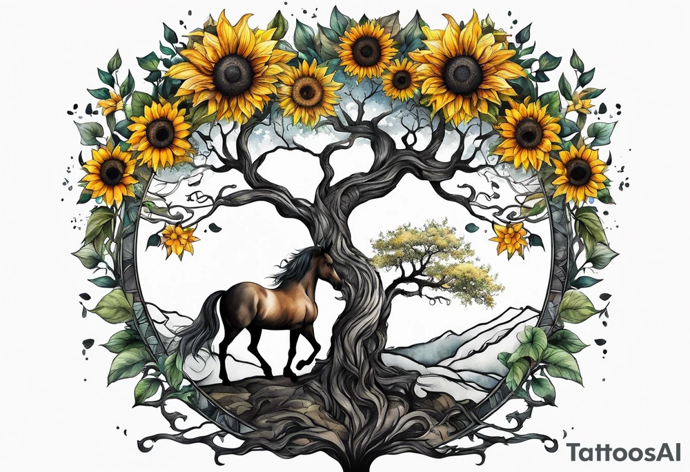 Yggdrasil tree, horse, sunflower tattoo idea