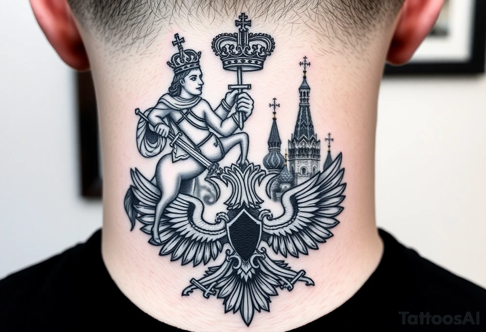 St. George slaying the dragon (hugely common in Russian Orthodox art)
Russian imperial crown above the eagle
Crossed swords or a Russian sabre
The Kremlin or St. Basil's Cathedral scene tattoo idea