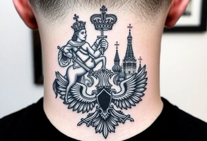 St. George slaying the dragon (hugely common in Russian Orthodox art)
Russian imperial crown above the eagle
Crossed swords or a Russian sabre
The Kremlin or St. Basil's Cathedral scene tattoo idea