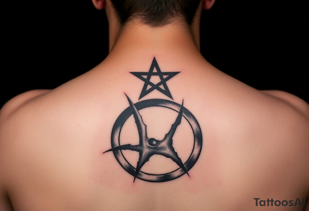Satanic star on top of  swastika on top of anarchy sign tattoo idea