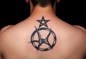 Satanic star on top of  swastika on top of anarchy sign tattoo idea