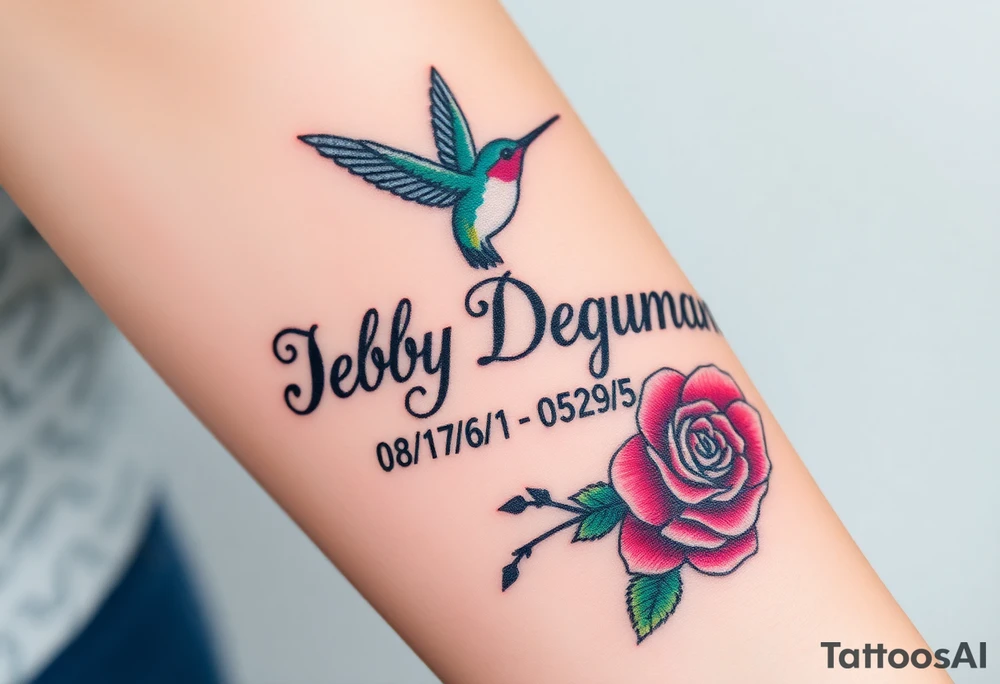 Bold curly Cursive name Debby Deguzman surrounded by a hummingbird a rose and these dates 08/17/61 - 05/29/25 tattoo idea