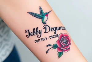 Bold curly Cursive name Debby Deguzman surrounded by a hummingbird a rose and these dates 08/17/61 - 05/29/25 tattoo idea