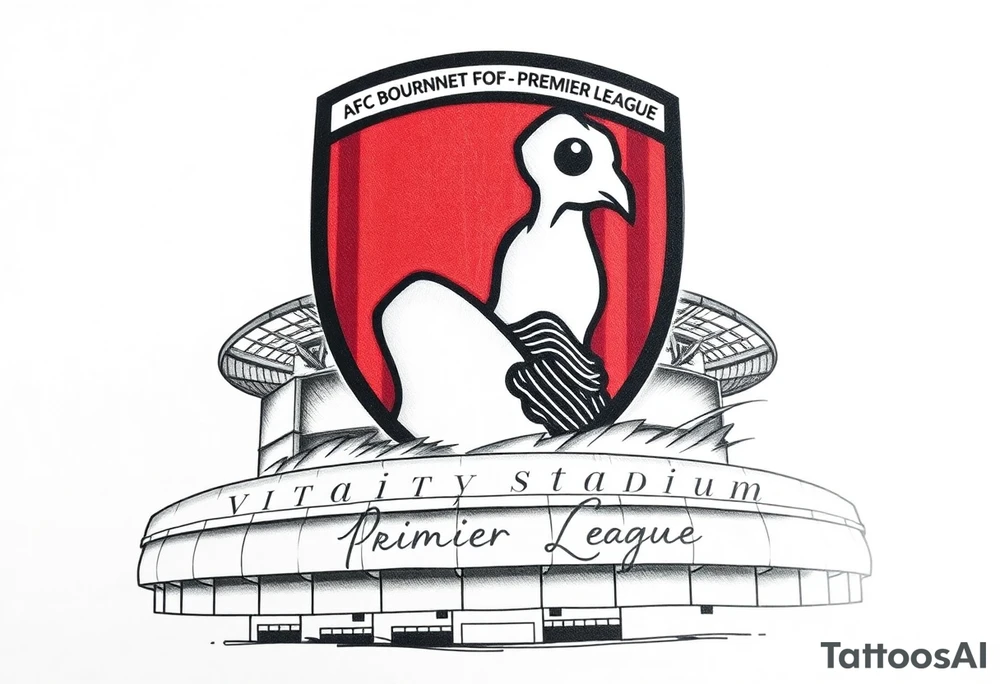 An afc Bournemouth badge fading into the top of the vitality stadium with writing of afc Bournemouth’s journey to the premier league and Steve fletcher celebrating tattoo idea