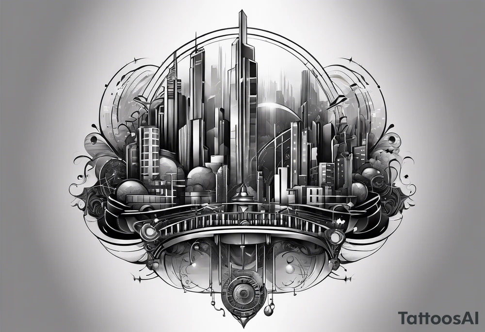BLACK AND GREY
A tattoo featuring a futuristic cityscape with elements of music and technology integrated throughout tattoo idea