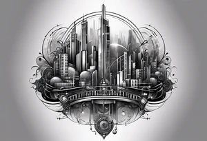 BLACK AND GREY
A tattoo featuring a futuristic cityscape with elements of music and technology integrated throughout tattoo idea