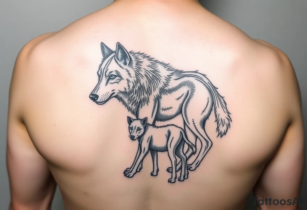 A solitary yet sublime and noble wolf and its progeny. tattoo idea