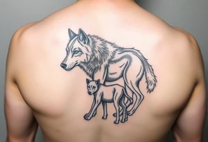 A solitary yet sublime and noble wolf and its progeny. tattoo idea