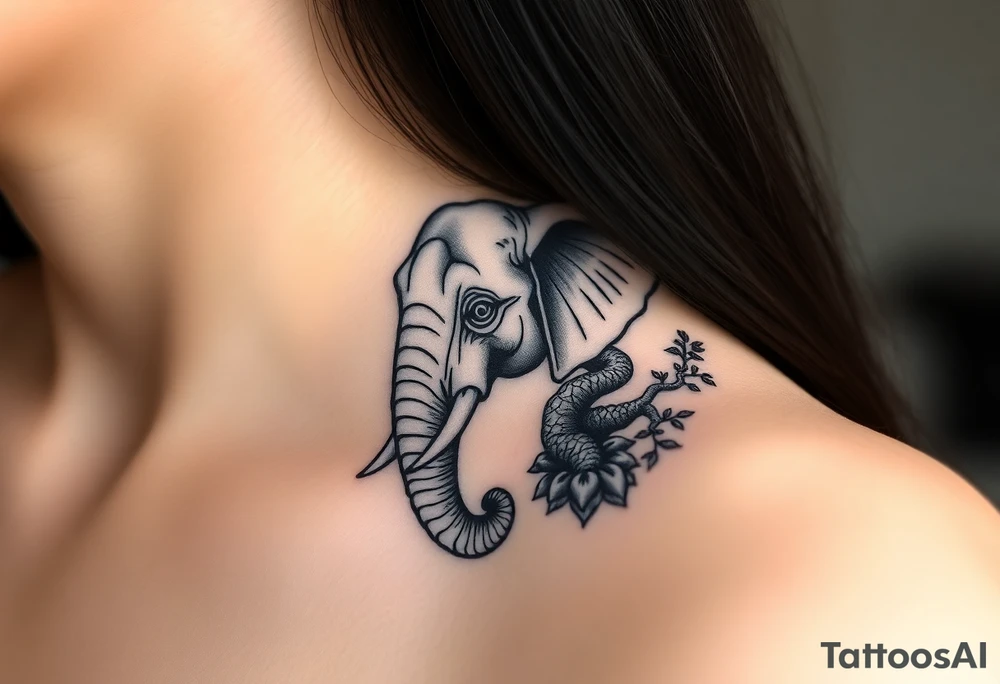 Head of an elephant with bonsai tree behind it Japanese style realistic tattoo idea