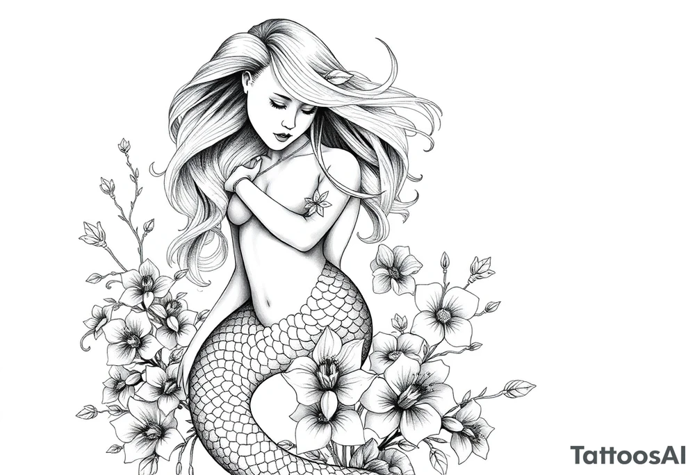 ethereal mermaid with flowing hair among coral and sea flowers tattoo idea