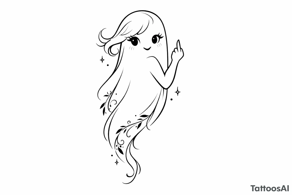 Minimalist line art girly ghost, cheekily raising middle finger, slender form. tattoo idea