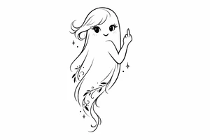 Minimalist line art girly ghost, cheekily raising middle finger, slender form. tattoo idea