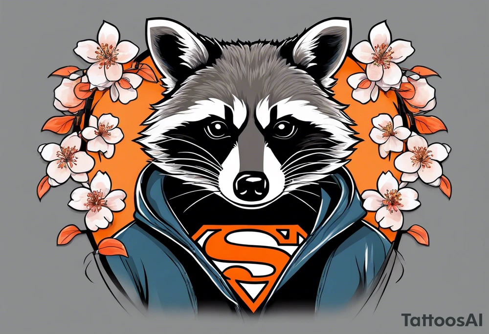 Raccoon wearing a white Superman logo on a black hoodie and orange Japanese cherry blossoms beside tattoo idea