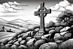 A stone Celtic cross standing solemnly atop a hill. A ruined stone wall lies crumbling near the cross tattoo idea