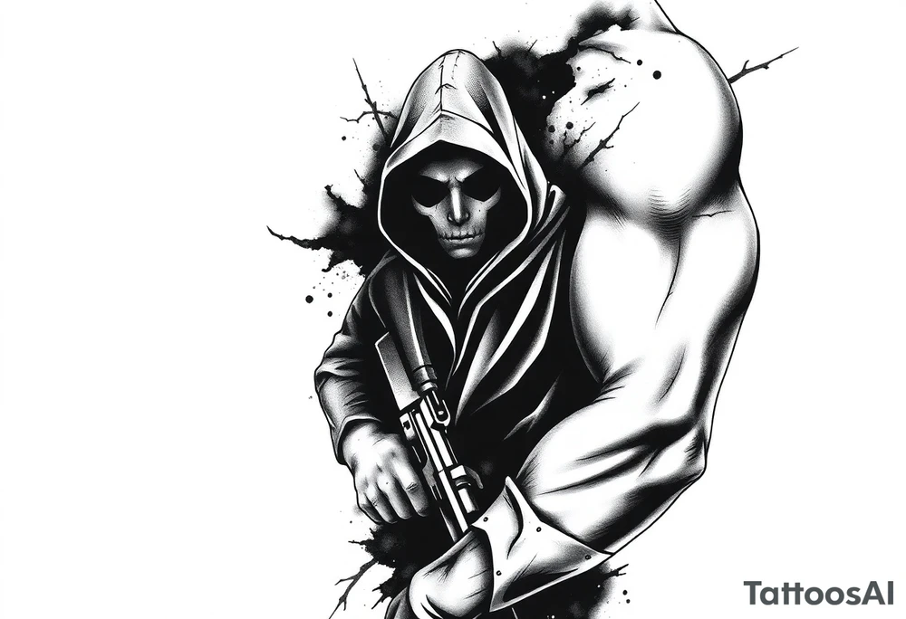 Minimalist covert operative symbolism representing loyalty and survival, faceless soldier silhouette emerging from darkness, torn fabric, subtle scars, controlled posture, black and grey realism, emotional restraint, understated strength, tattoo sleeve element. tattoo idea