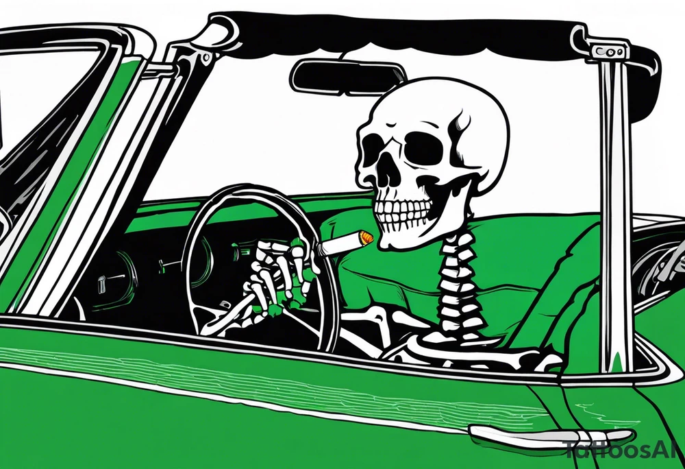 Skeleton smoking a cigarette driving a green 1976 convertible Corvette tattoo idea
