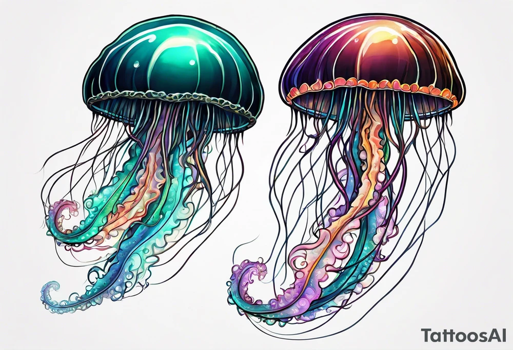 two jellyfish swimming together, with one larger than the other, with space in between them both with long tentacles of varying lengths and design tattoo idea