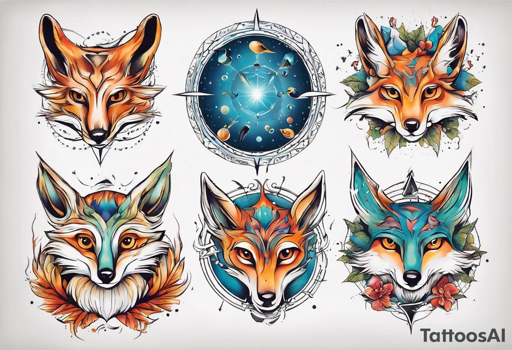 fisch, fuchs und eule , symetrie universum, bunt tattoo idea